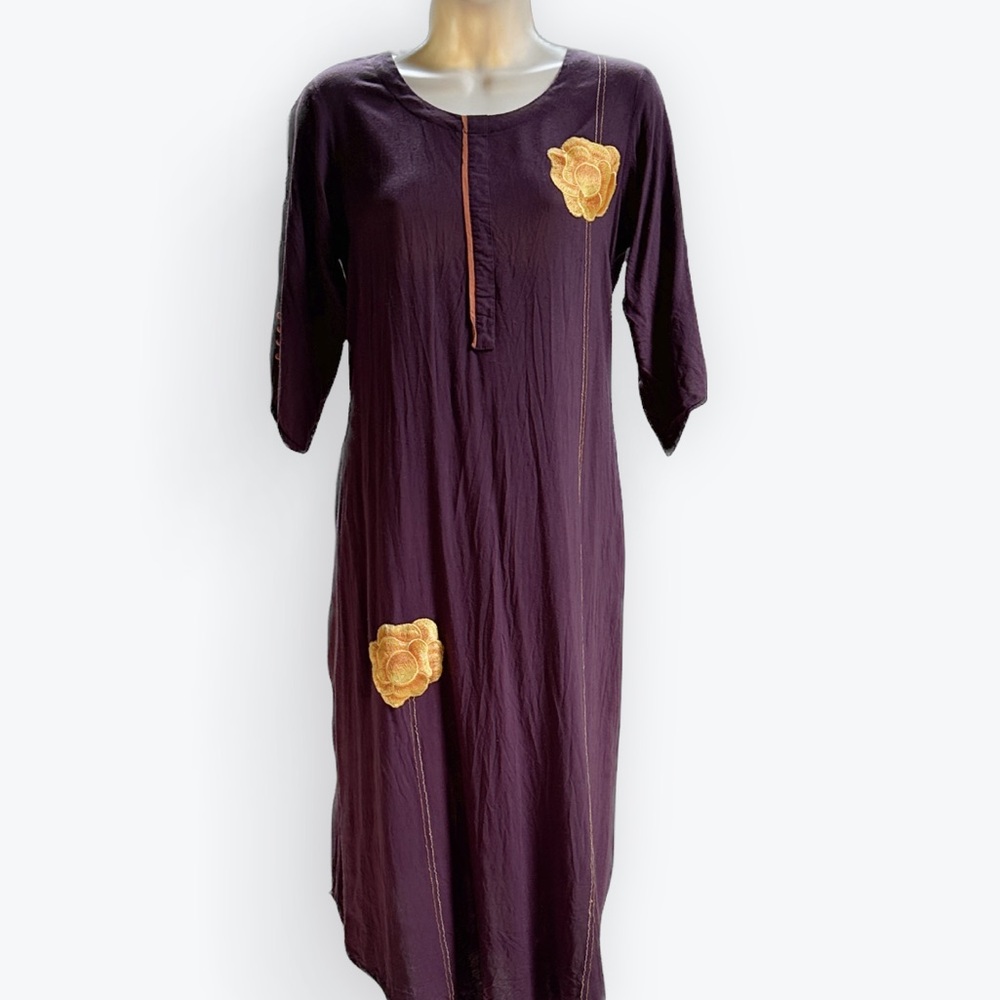 Lagenlook Ethnic-Fusion Modest Embellished Plum & Orange Neeru Kamar Dress ~ M